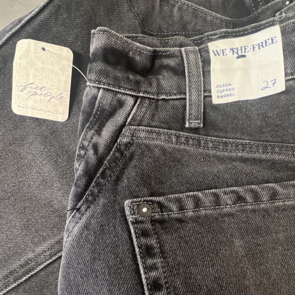 We The Free Cropped Barrel Black Ice Denim Jeans Women Cuffed free people - Picture 6 of 8